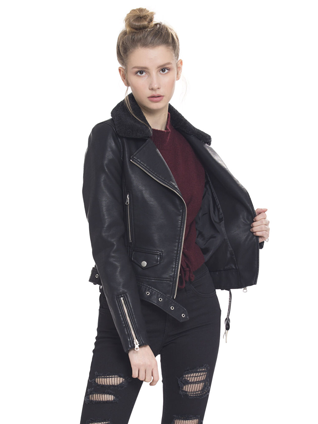 Yeni Siyah Deri Görünümlü Mont-2