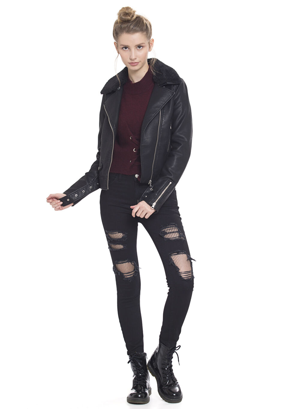 Yeni Siyah Deri Görünümlü Mont-4