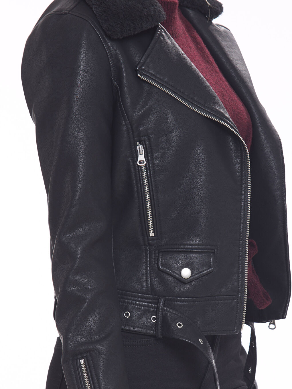 Yeni Siyah Deri Görünümlü Mont-5