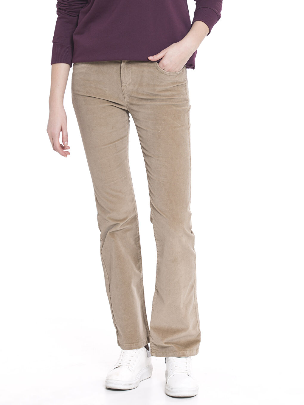 Bej Standart Fit Kadife Kadın Pantolon