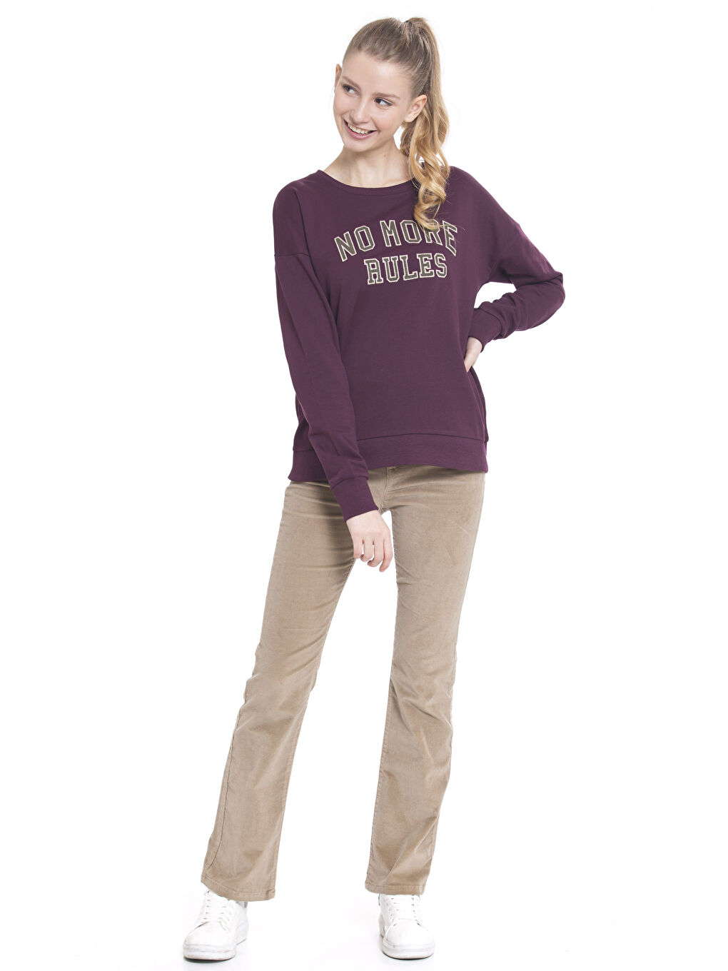 Bej Standart Fit Kadife Kadın Pantolon-2