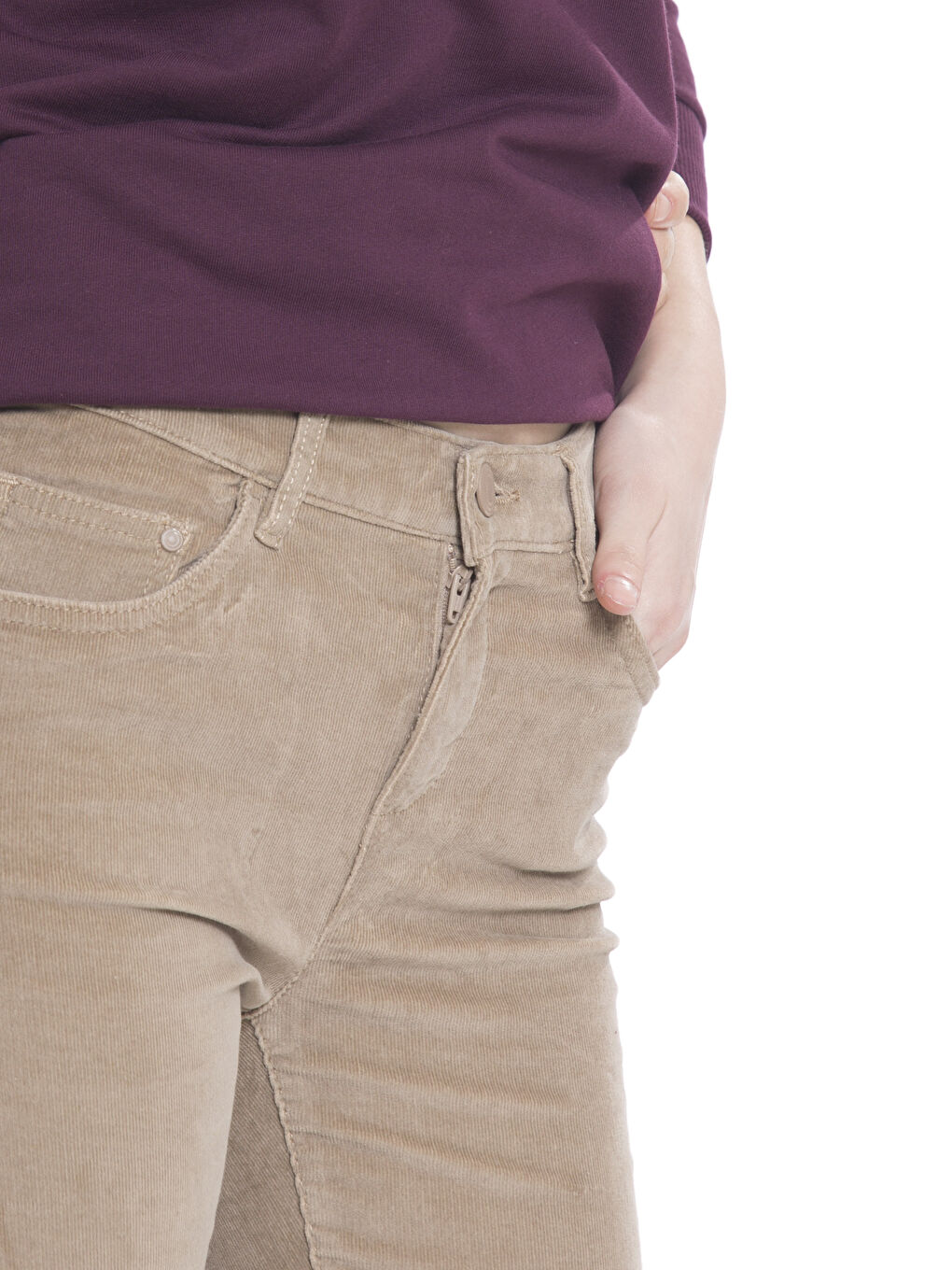 Bej Standart Fit Kadife Kadın Pantolon-3