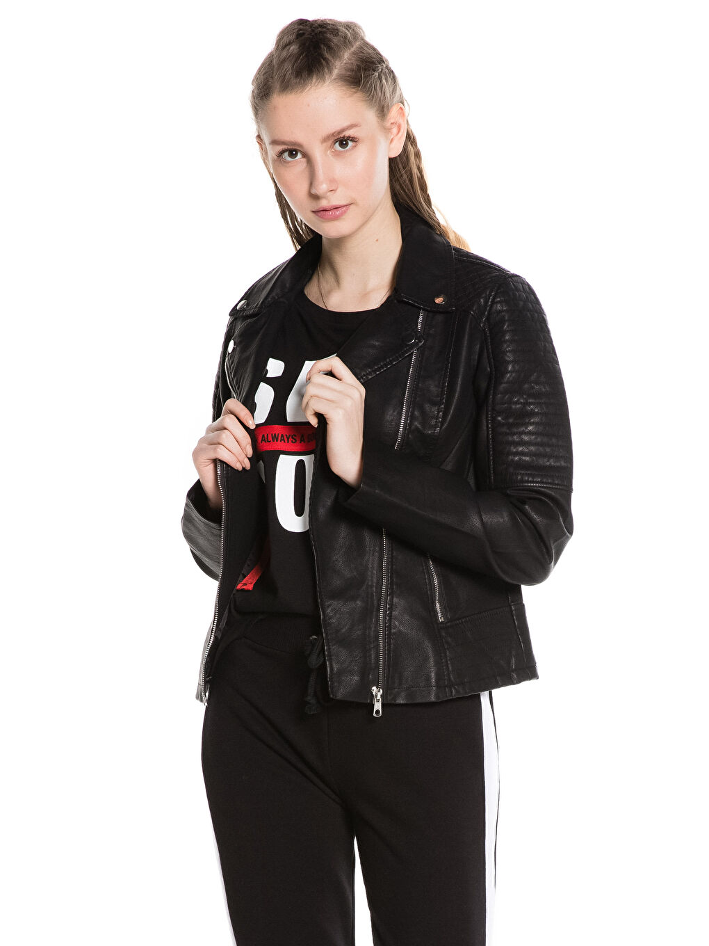 Yeni Siyah Deri Görünümlü Mont