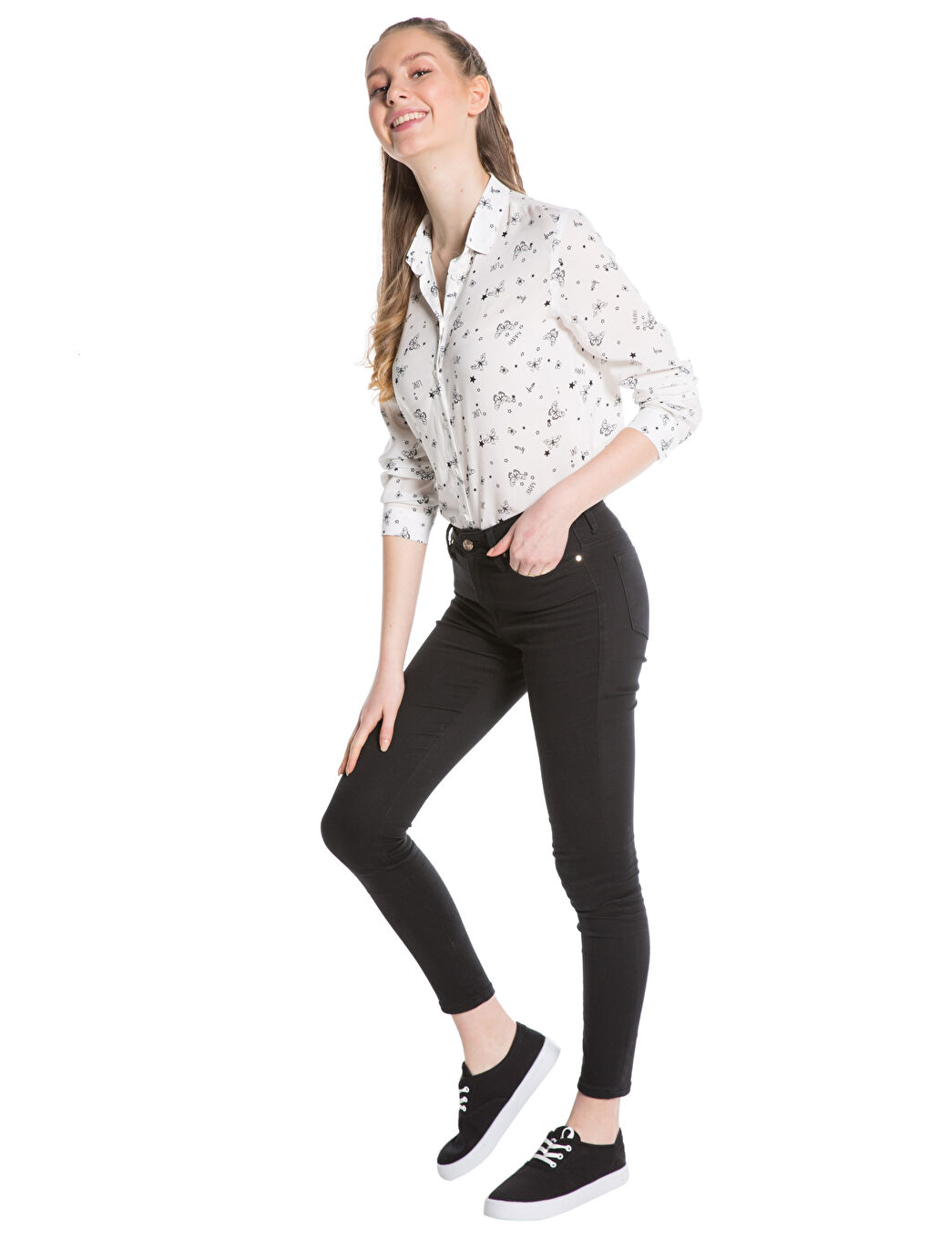 Siyah Gömlek Yaka Standart Fit Uzun Kollu Kadın Gömlek-2