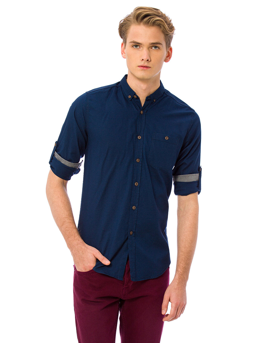 Lacivert Slim Fit Uzun Kollu Oxford Erkek Gömlek-1