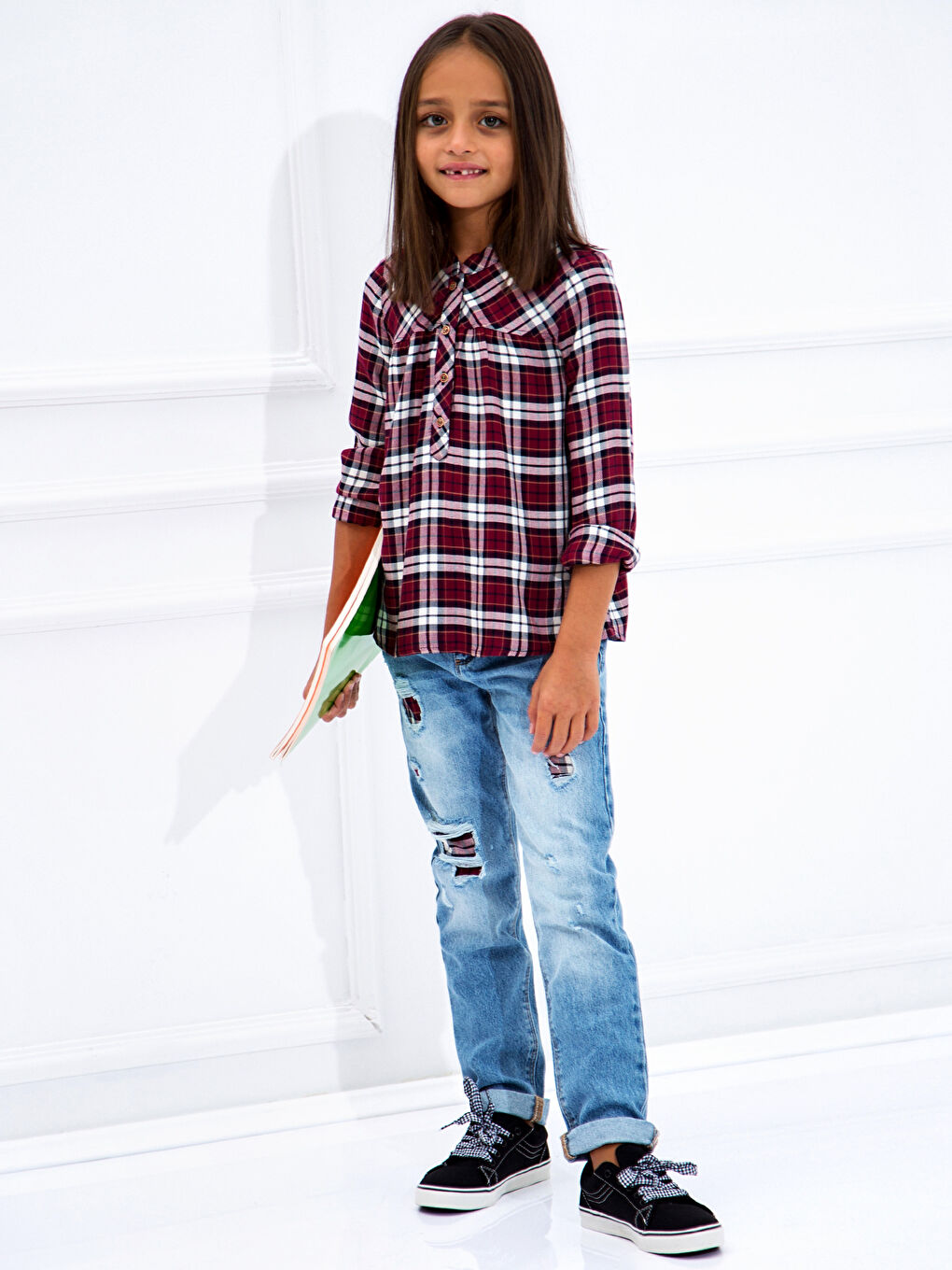 Bordo Ekose Kız Çocuk Bluz