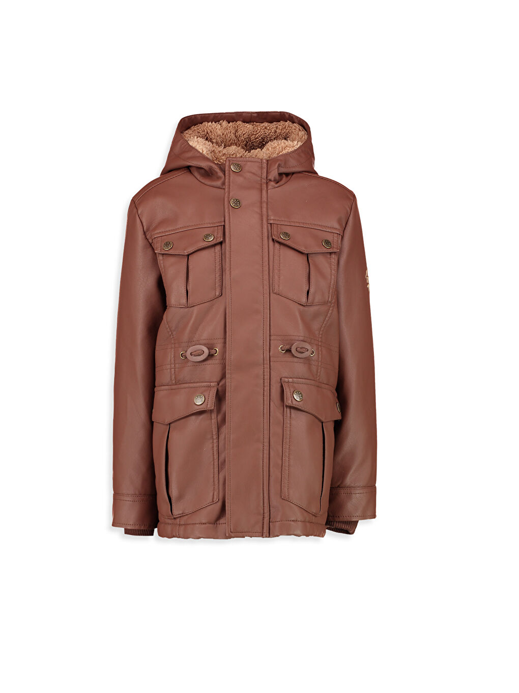 Kapüşonlu Deri Görünümlü Erkek Çocuk Ceket-1