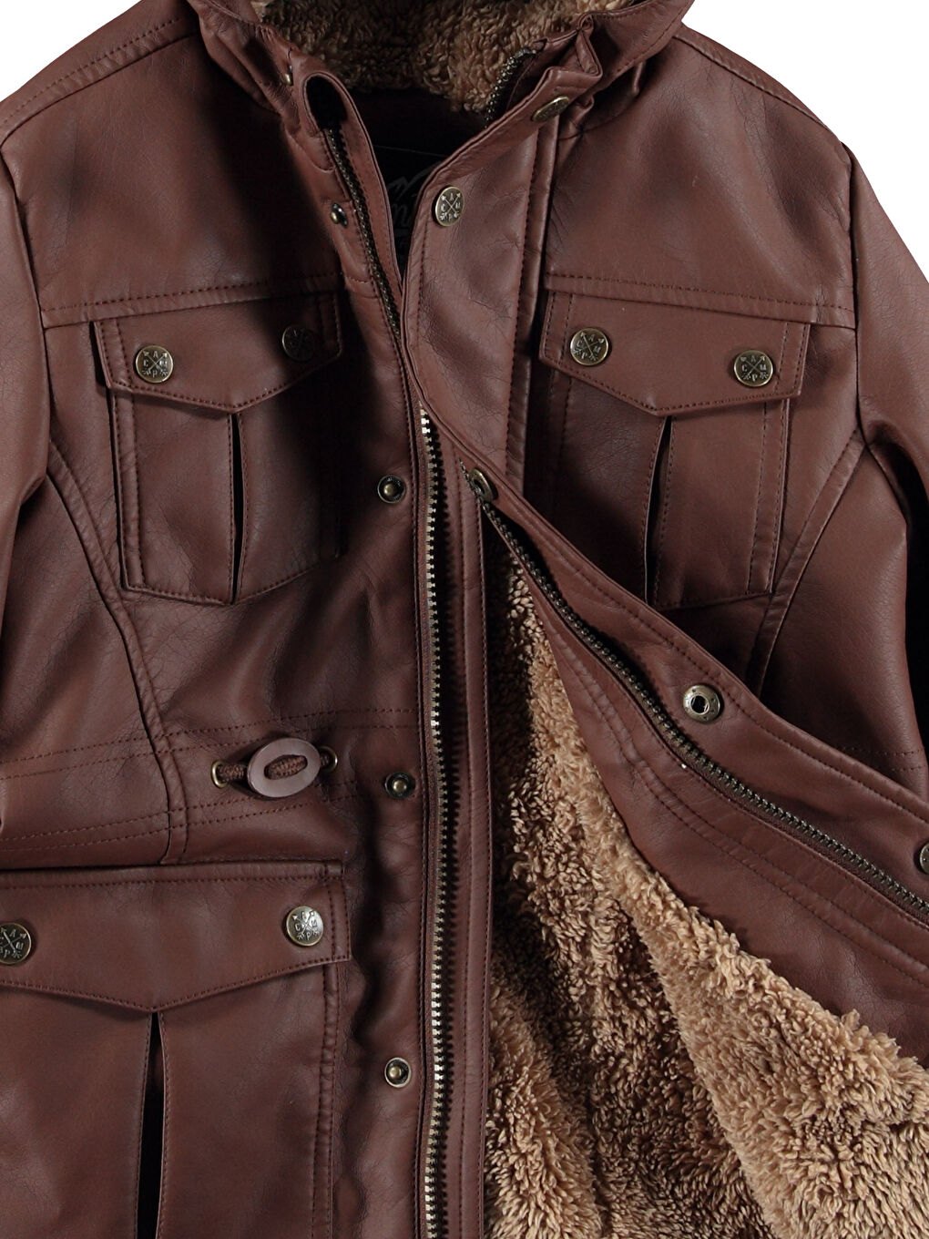 Kapüşonlu Deri Görünümlü Erkek Çocuk Ceket-3