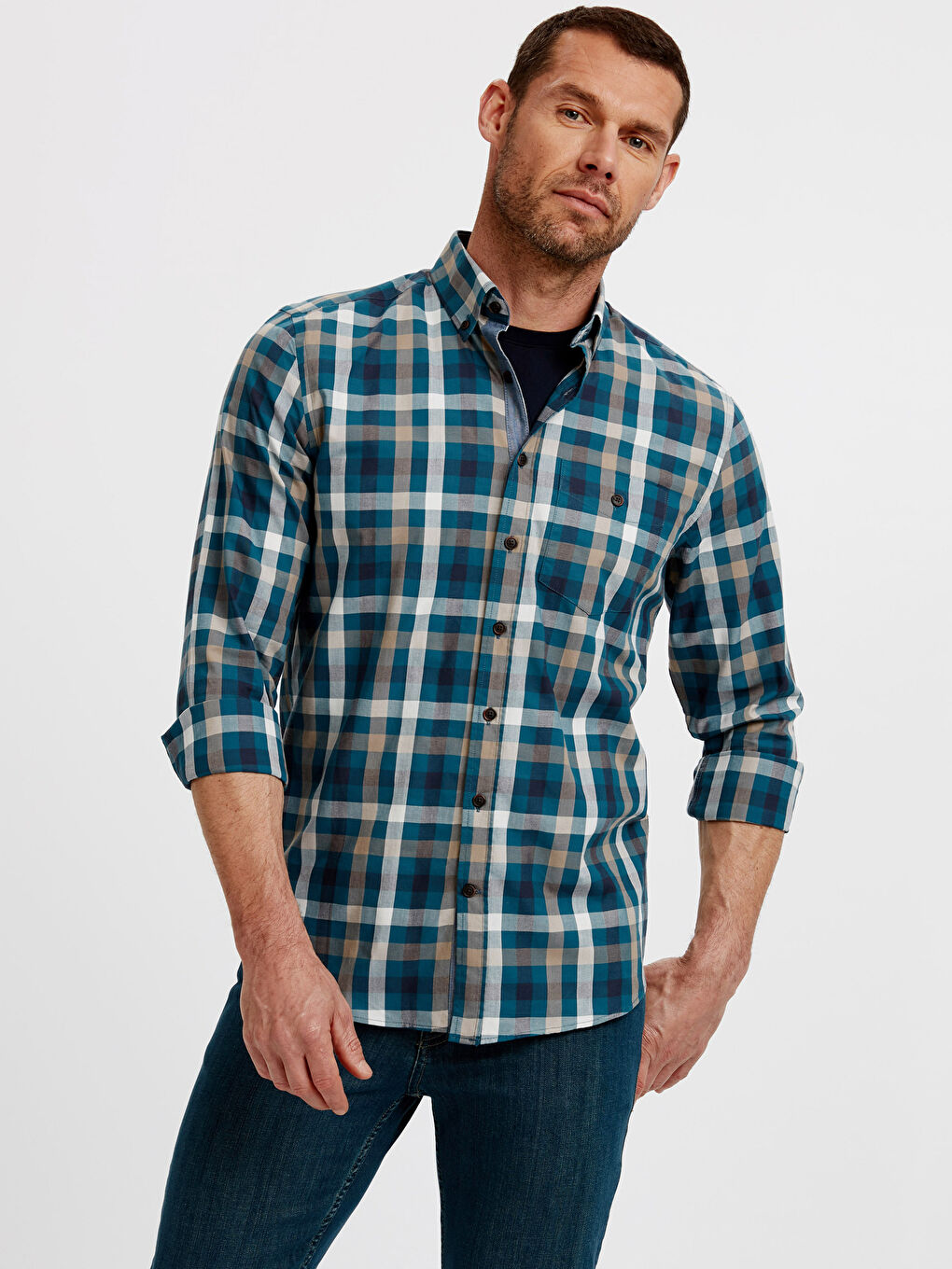 Regular Fit Long Sleeve Chequered Gabardine Shirt