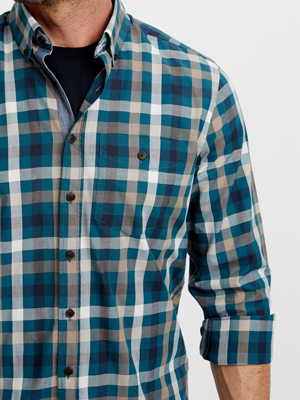 Regular Fit Long Sleeve Chequered Gabardine Shirt-3