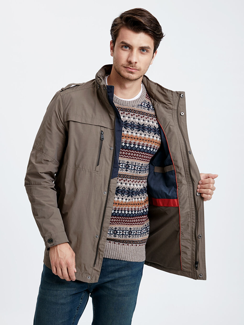 Haki Standart Kalıp Dik Yaka Erkek Mont-1