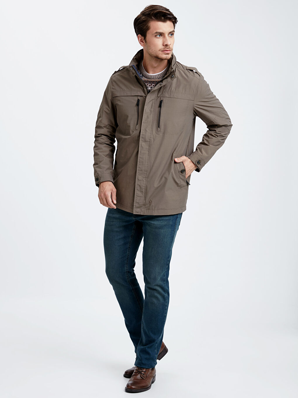 Haki Standart Kalıp Dik Yaka Erkek Mont-4