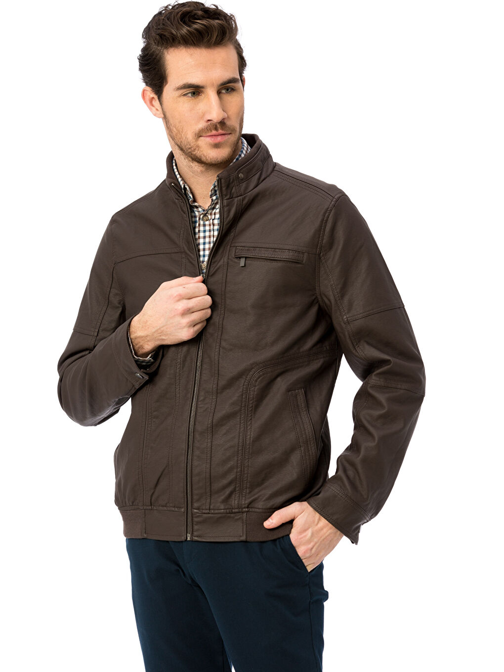 Koyu Kahverengi Deri Görünümlü Mont