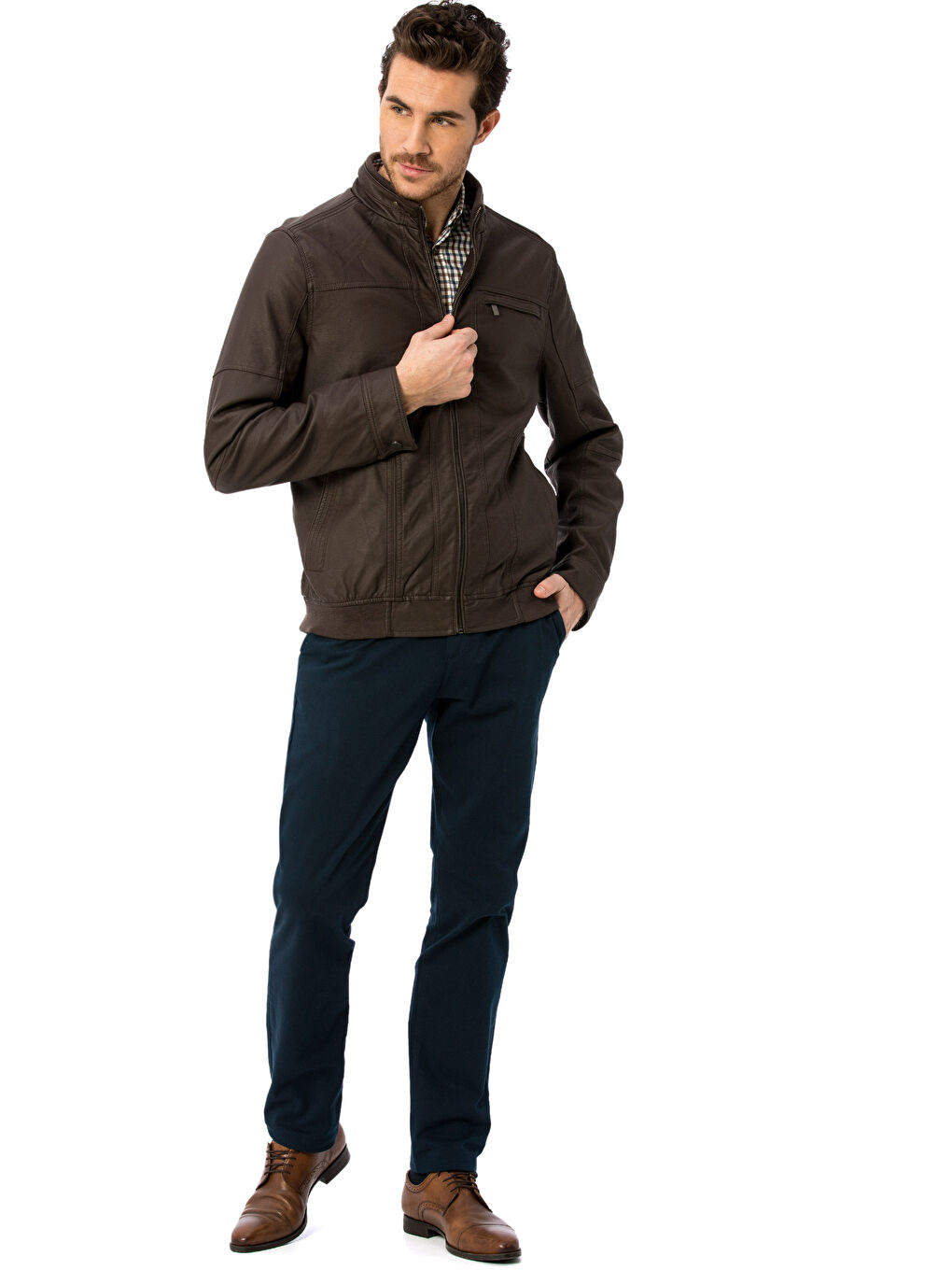 Koyu Kahverengi Deri Görünümlü Mont-3