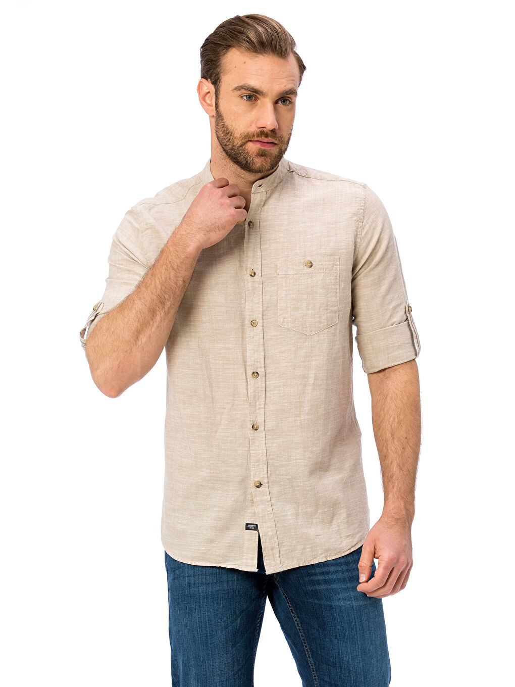 Chemise en Lin à Manches Longues Col Mao Mixte