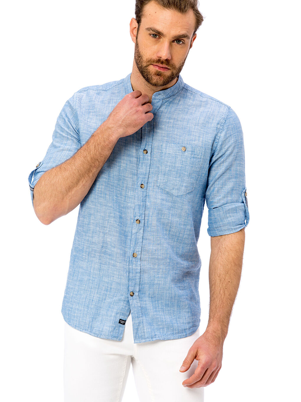 Grandad Collar Long Sleeve Linen Shirt Mixed