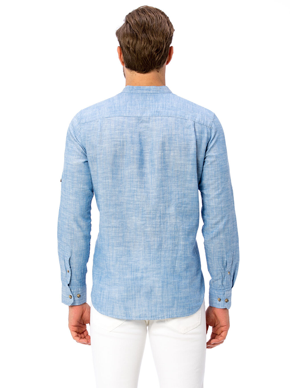 Grandad Collar Long Sleeve Linen Shirt Mixed-1