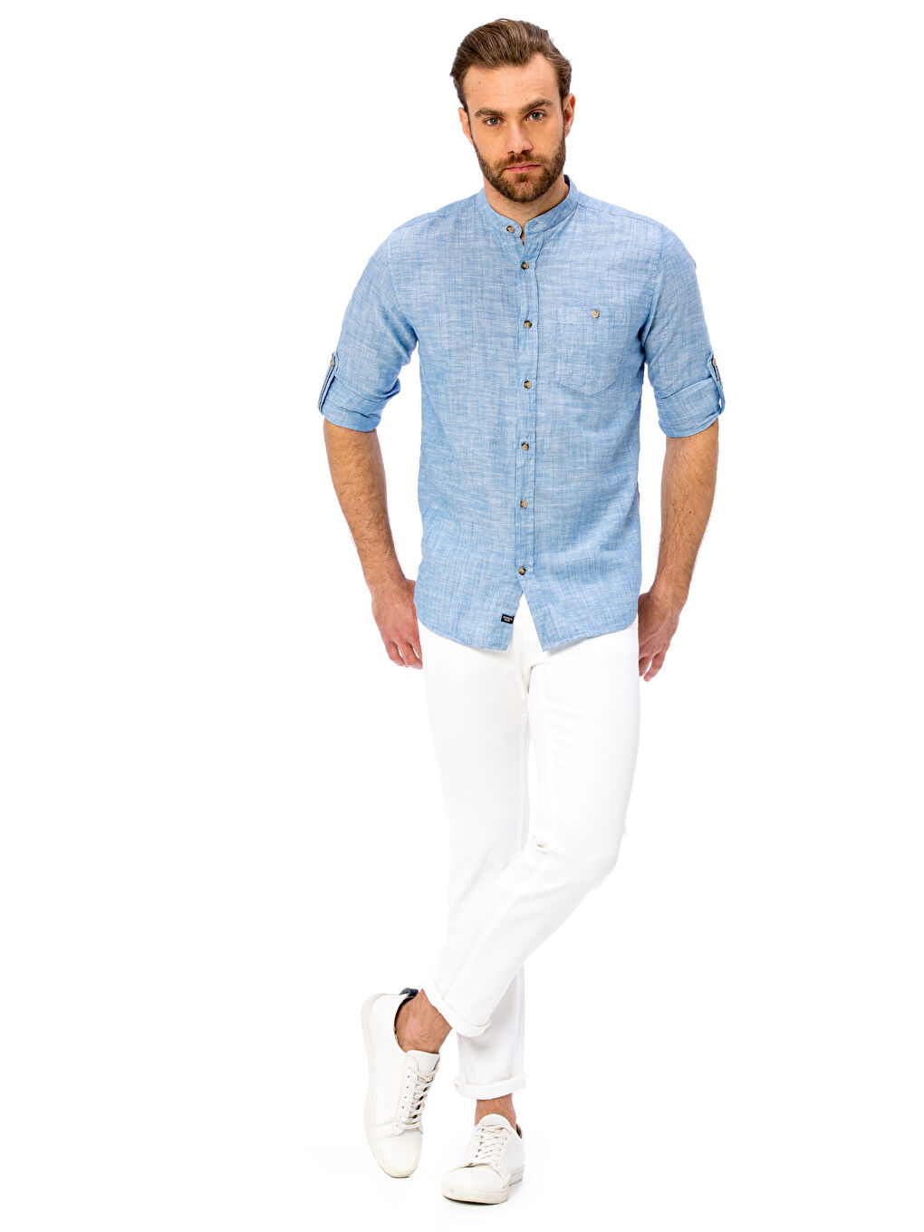 Grandad Collar Long Sleeve Linen Shirt Mixed-2