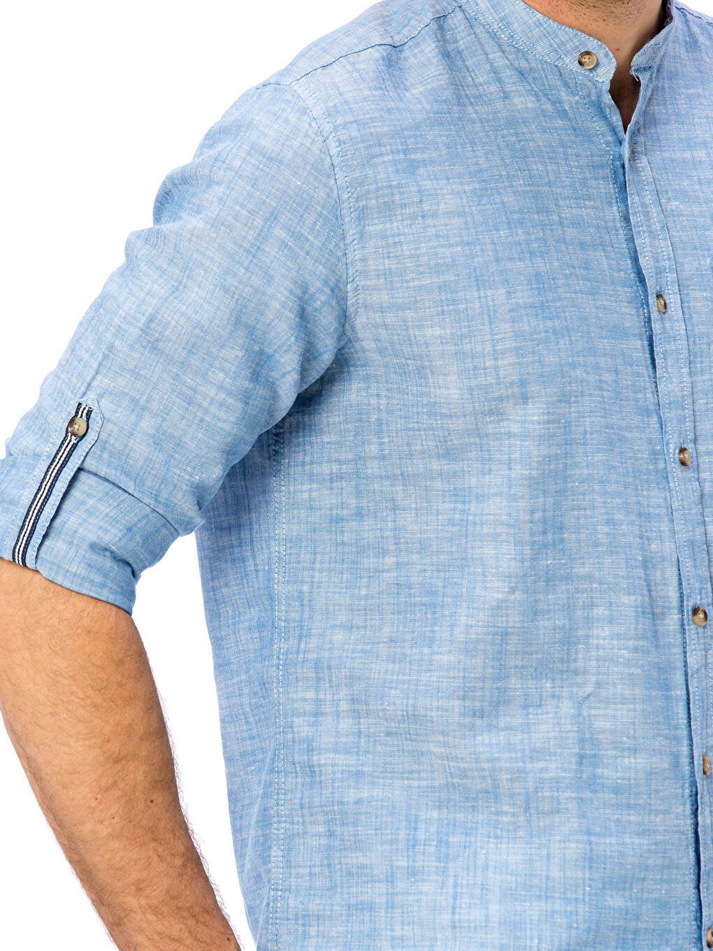 Grandad Collar Long Sleeve Linen Shirt Mixed-3