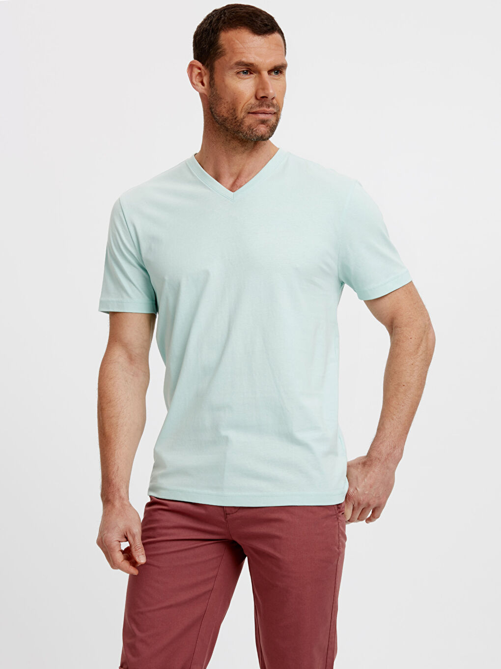 Turkuaz V Yaka Kısa Kollu Basic Pamuklu Tişört