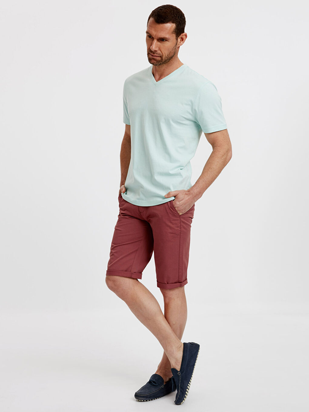 Turkuaz V Yaka Kısa Kollu Basic Pamuklu Tişört-2