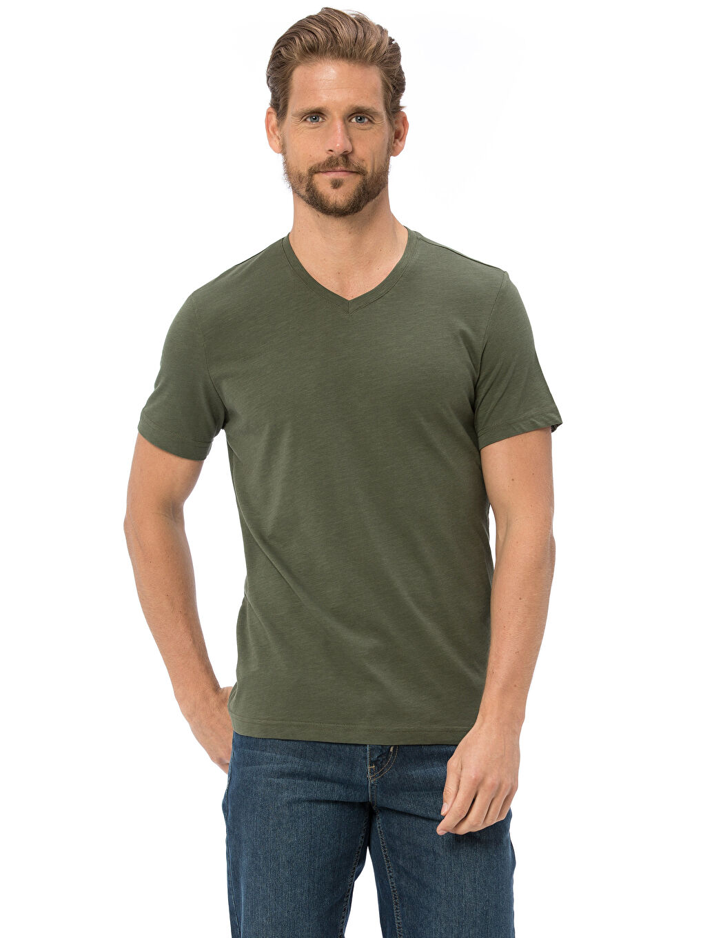 Тениска с V-образно деколте и къс ръкав от памук-1