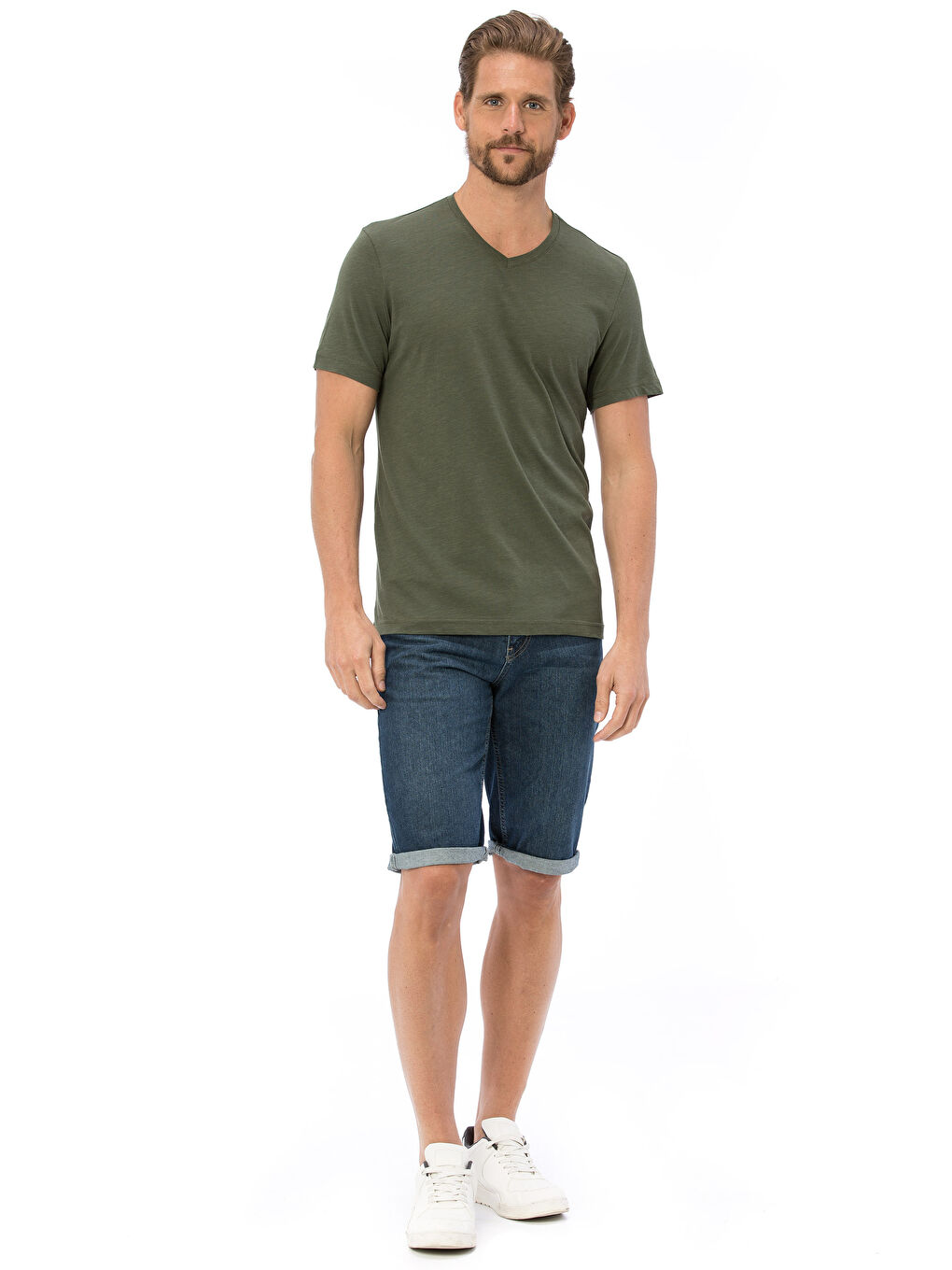 Тениска с V-образно деколте и къс ръкав от памук-3