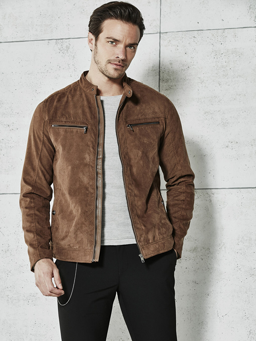 Kahverengi Koyu Kahverengı Deri Görünümlü Mont