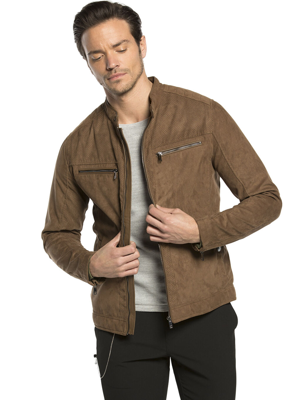 Kahverengi Koyu Kahverengı Deri Görünümlü Mont-1