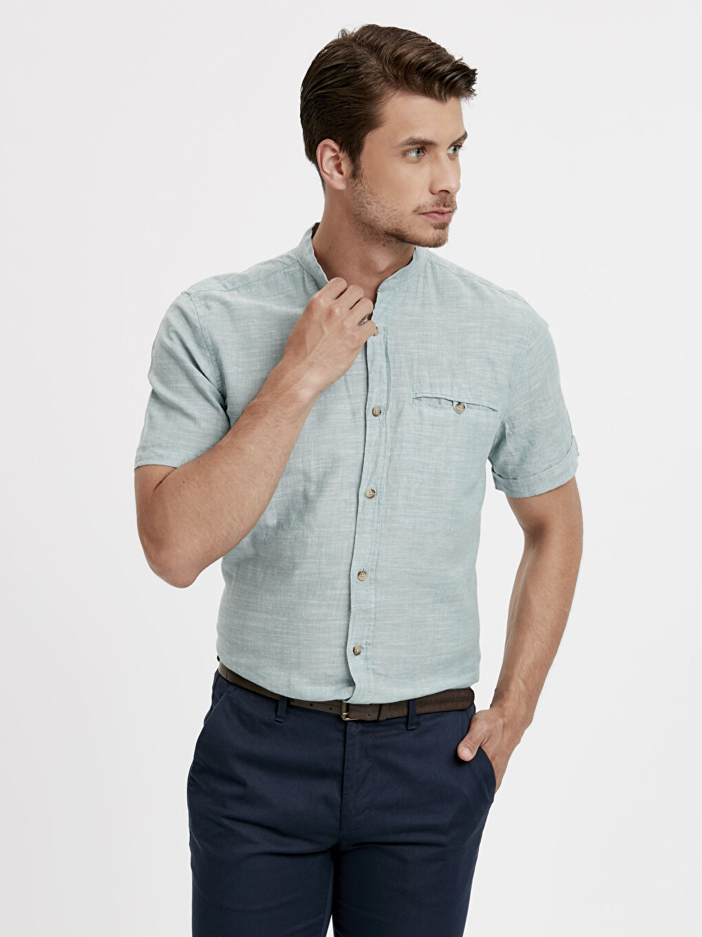 Yeşil Regular Fit Hakim Yaka Kısa Kollu Erkek Gömlek
