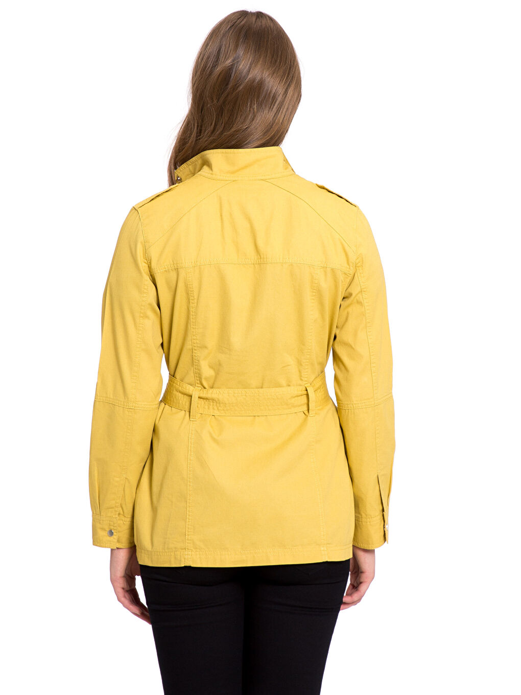 Sarı Dik Yaka Düz Uzun Kollu Kadın İnce Mont-1