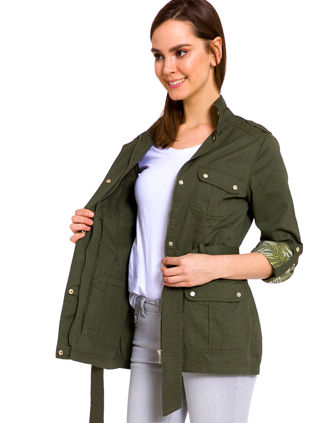 Haki Dik Yaka Düz Uzun Kollu Kadın İnce Mont-1