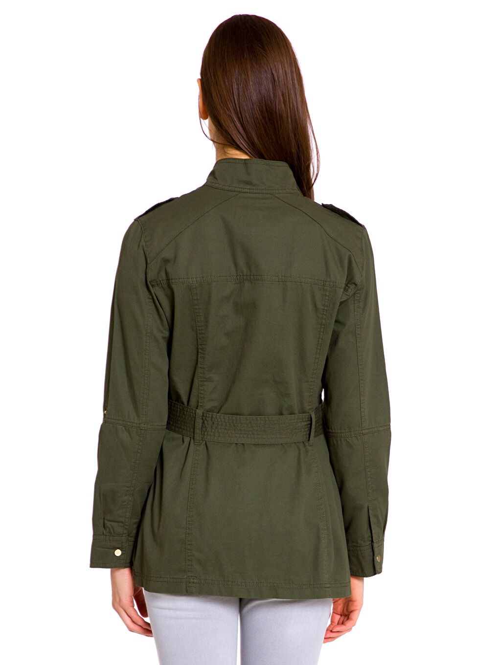 Haki Dik Yaka Düz Uzun Kollu Kadın İnce Mont-2