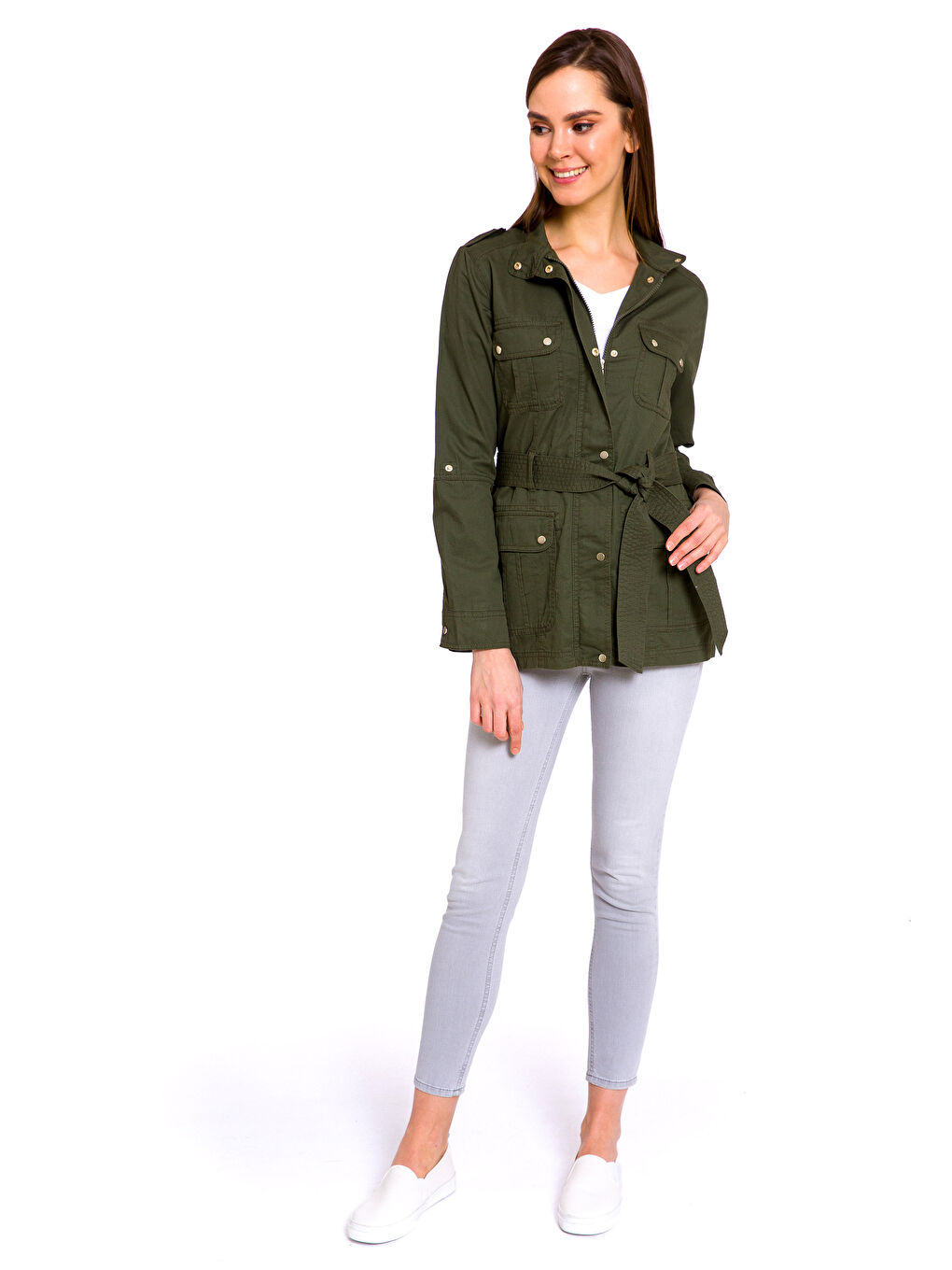 Haki Dik Yaka Düz Uzun Kollu Kadın İnce Mont-3