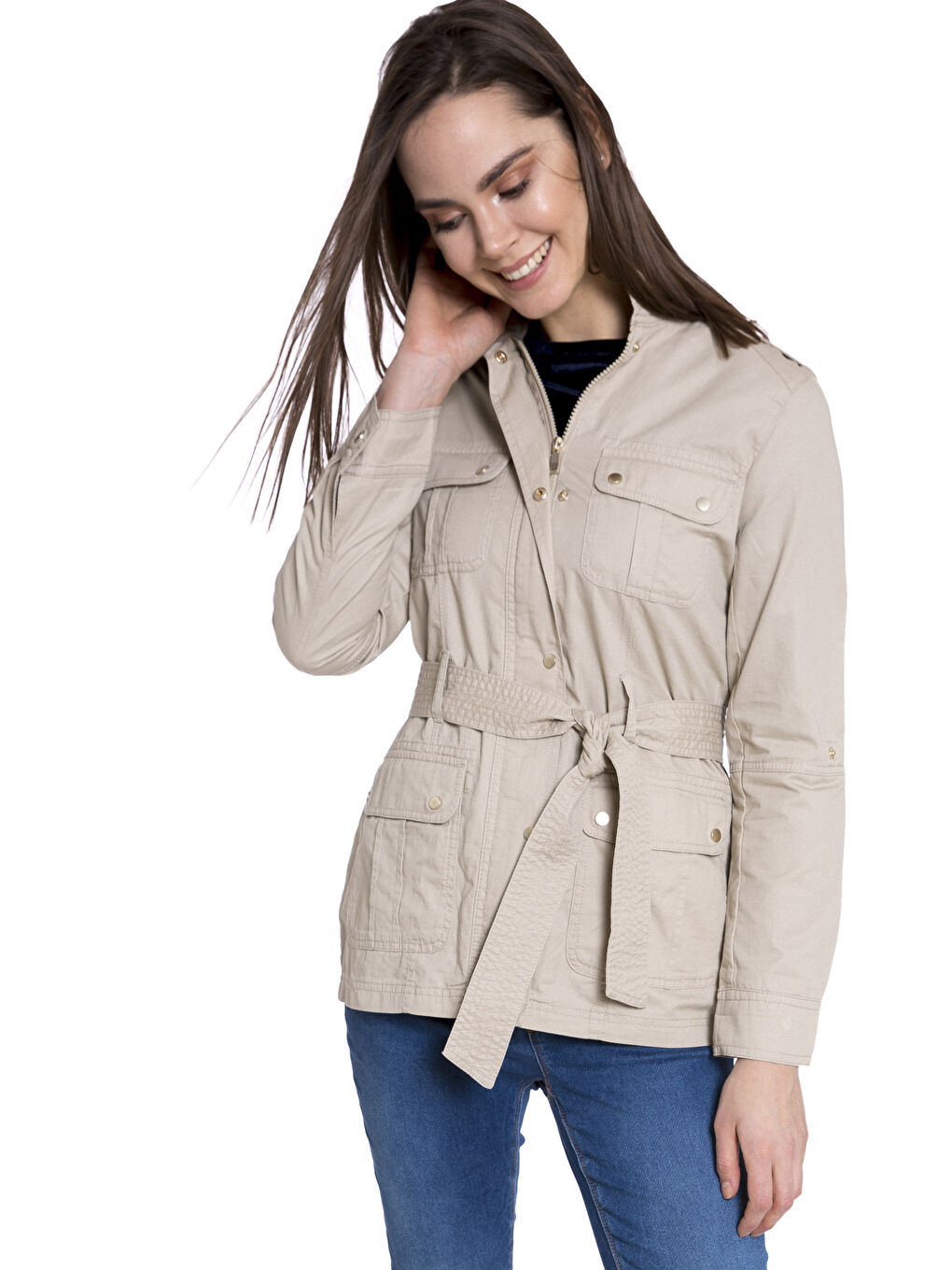 Bej Dik Yaka Düz Uzun Kollu Kadın İnce Mont