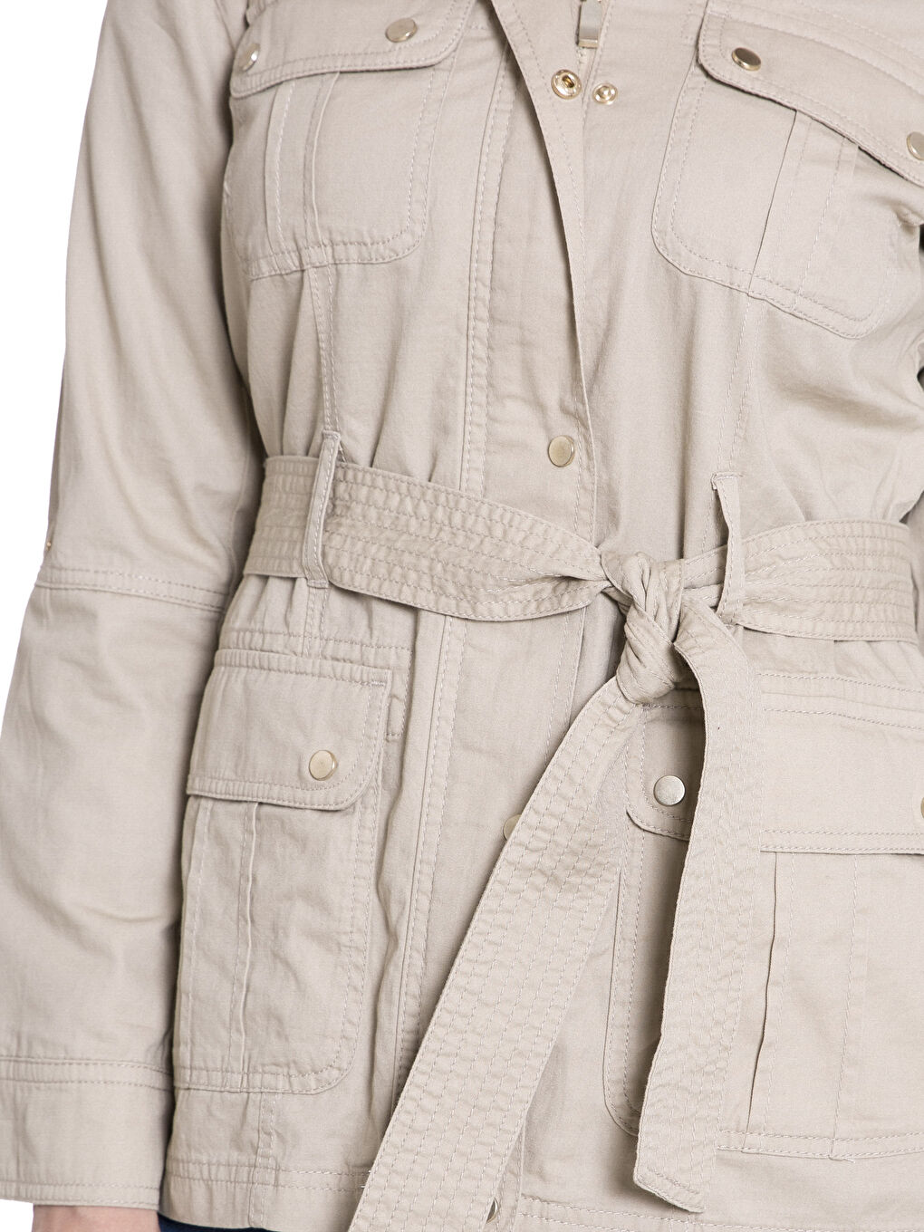 Bej Dik Yaka Düz Uzun Kollu Kadın İnce Mont-3