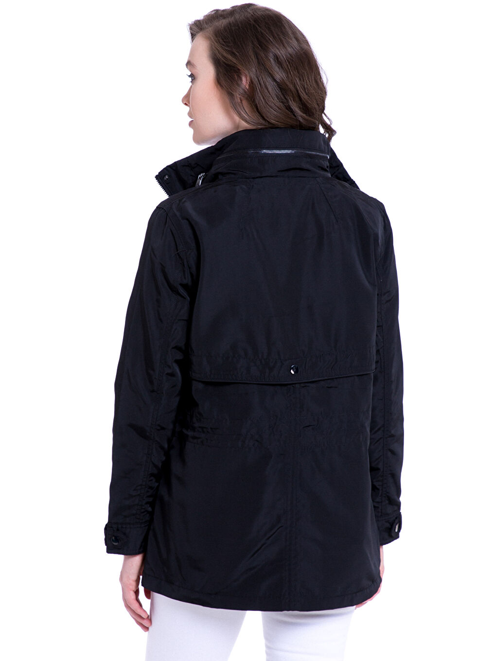 Siyah Dik Yaka Düz Uzun Kollu Kadın Mont-2