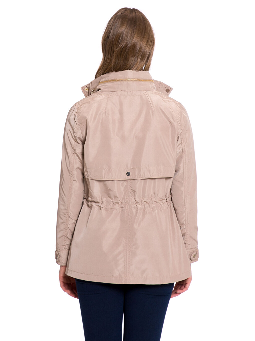 Bej Dik Yaka Düz Uzun Kollu Kadın Mont-1