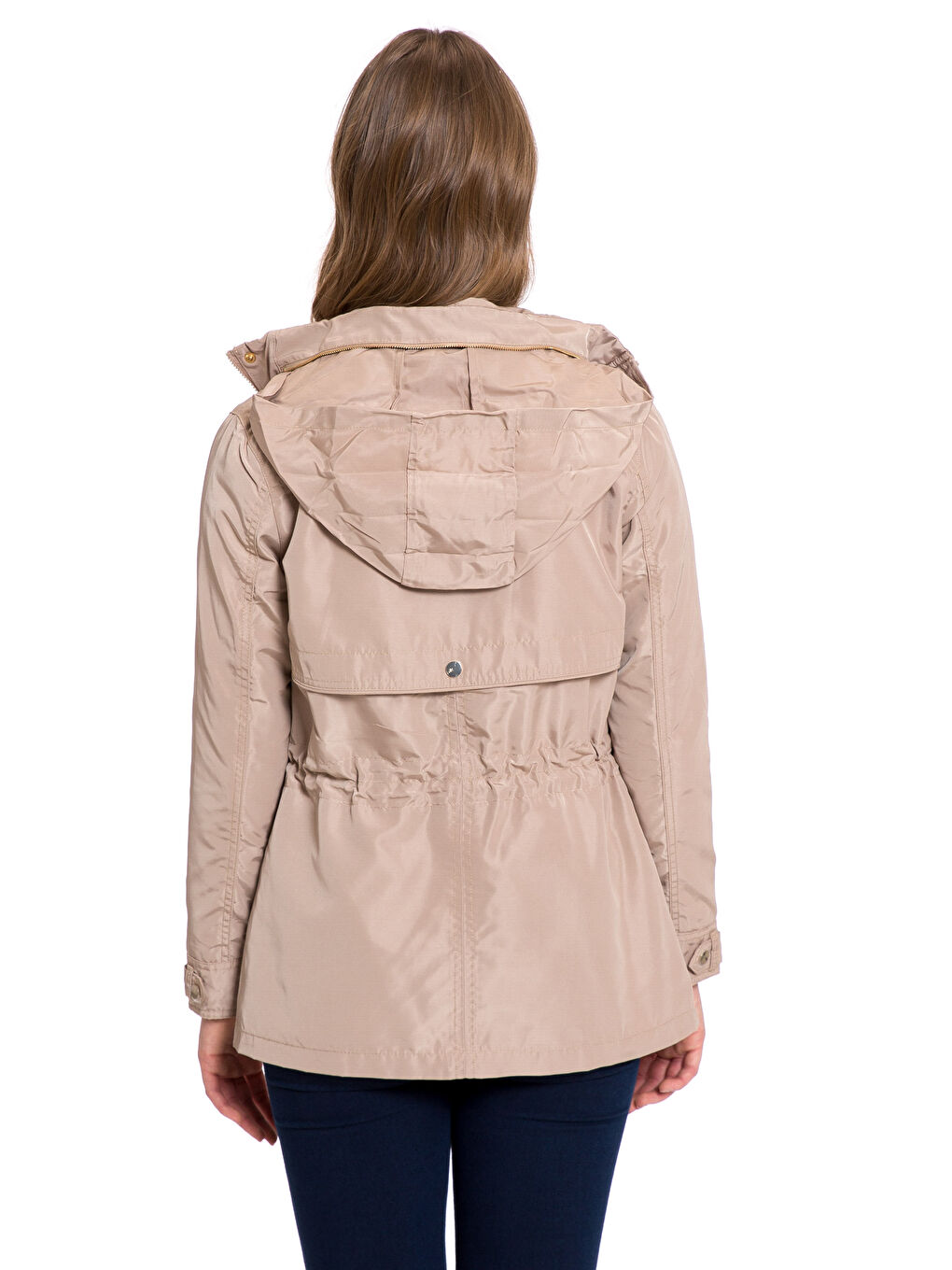 Bej Dik Yaka Düz Uzun Kollu Kadın Mont-2