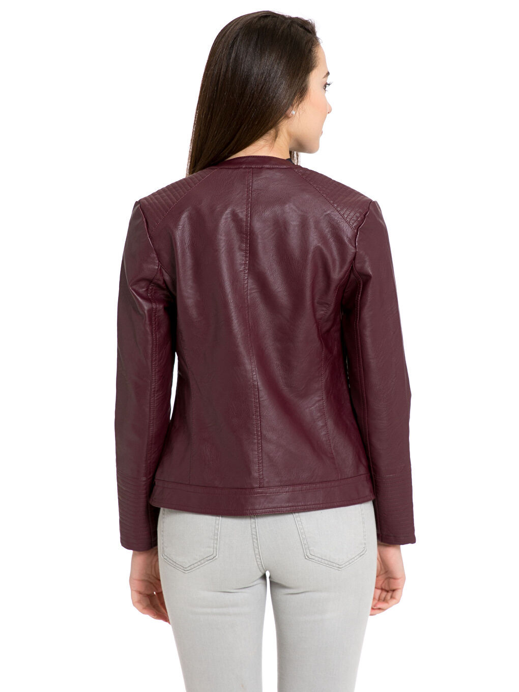 Bordo Deri Görünümlü Mont-1