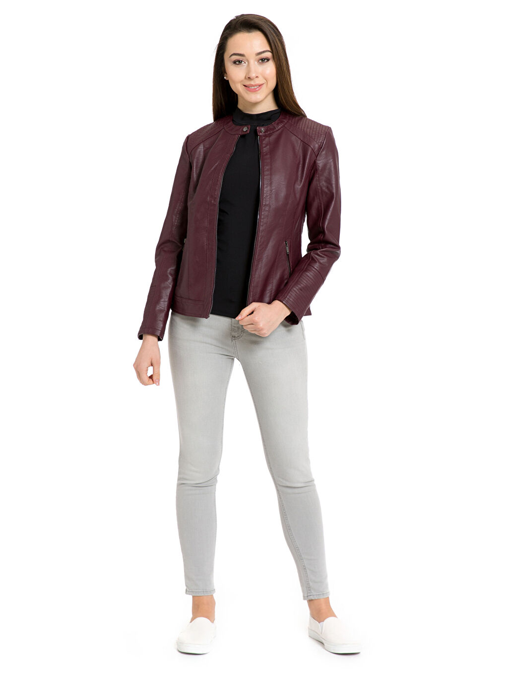 Bordo Deri Görünümlü Mont-2