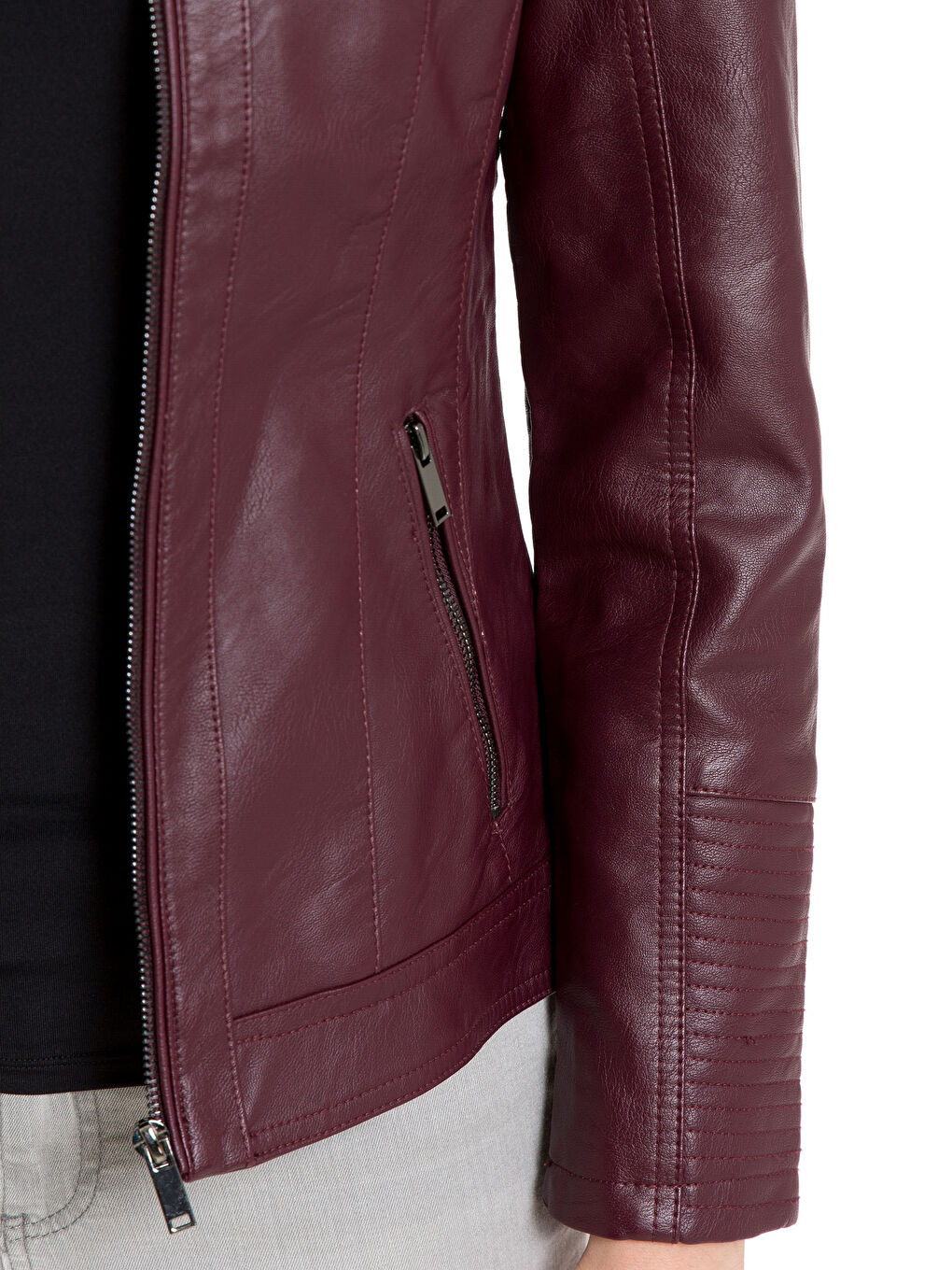 Bordo Deri Görünümlü Mont-3