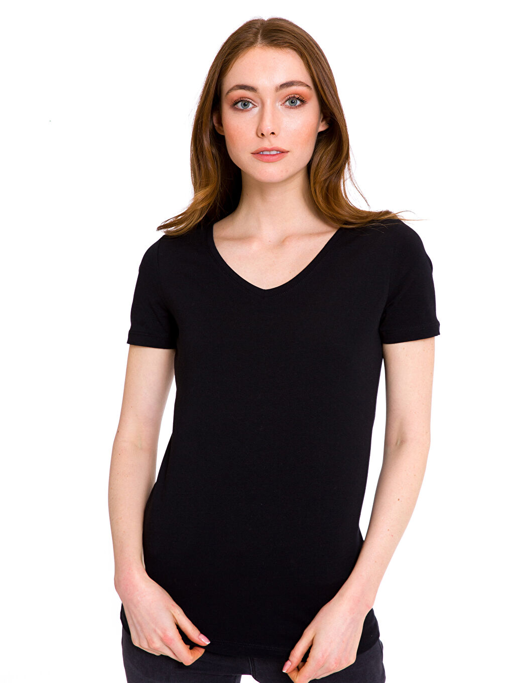 تيشيرت قطني سادة للسيدات بفتحة رقبة على شكل حرف V وقصة عادية وأكمام قصيرة