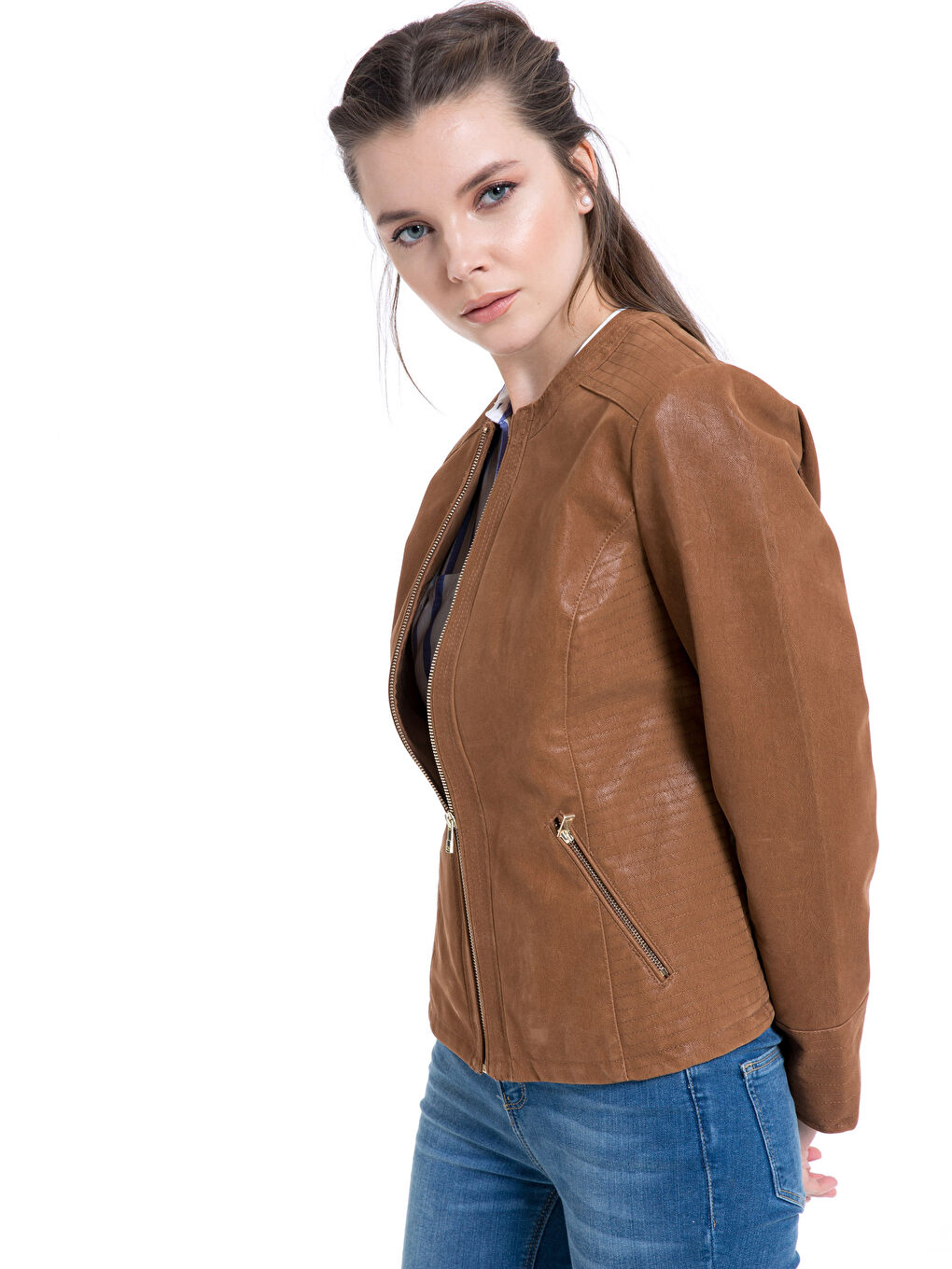 Kahverengi Kadın Deri Görünümlü Mont