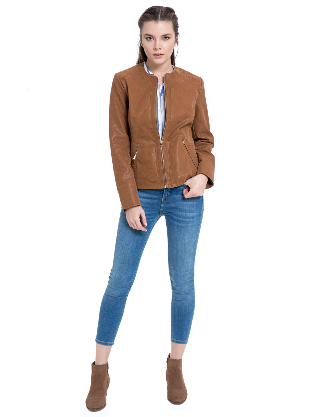 Kahverengi Kadın Deri Görünümlü Mont-2