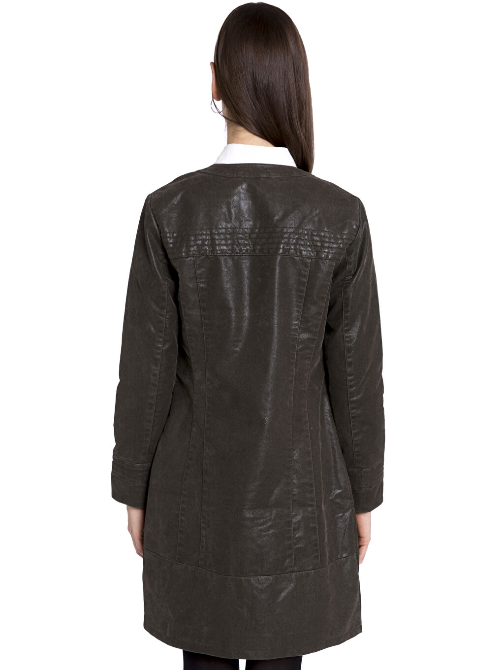 Woman KHAKI Faux Leather Coat-2