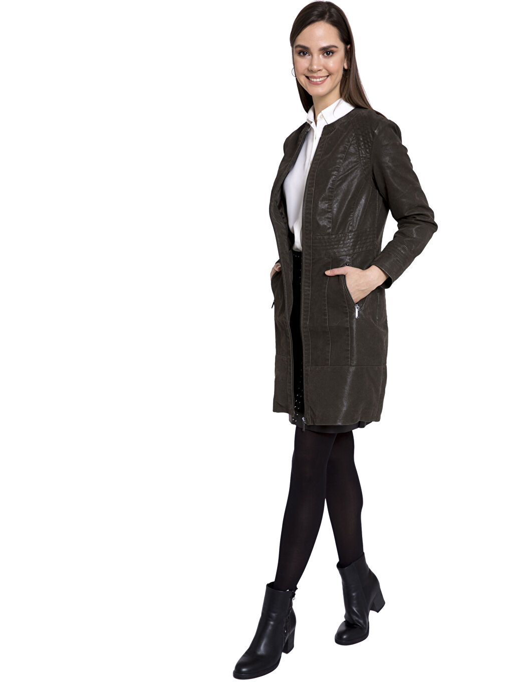 Woman KHAKI Faux Leather Coat-3