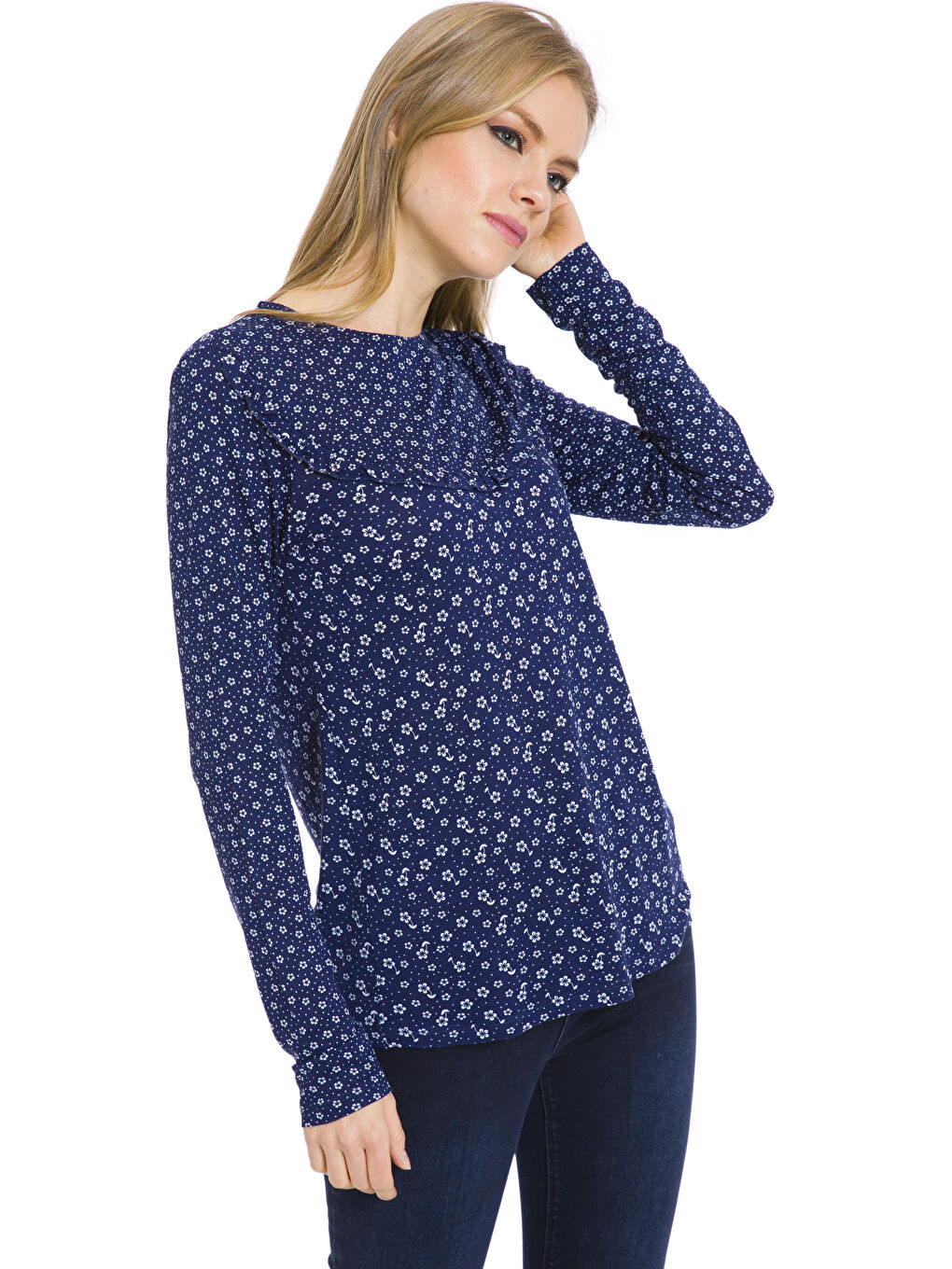 Lacivert Çiçek Desenli Viskon Bluz