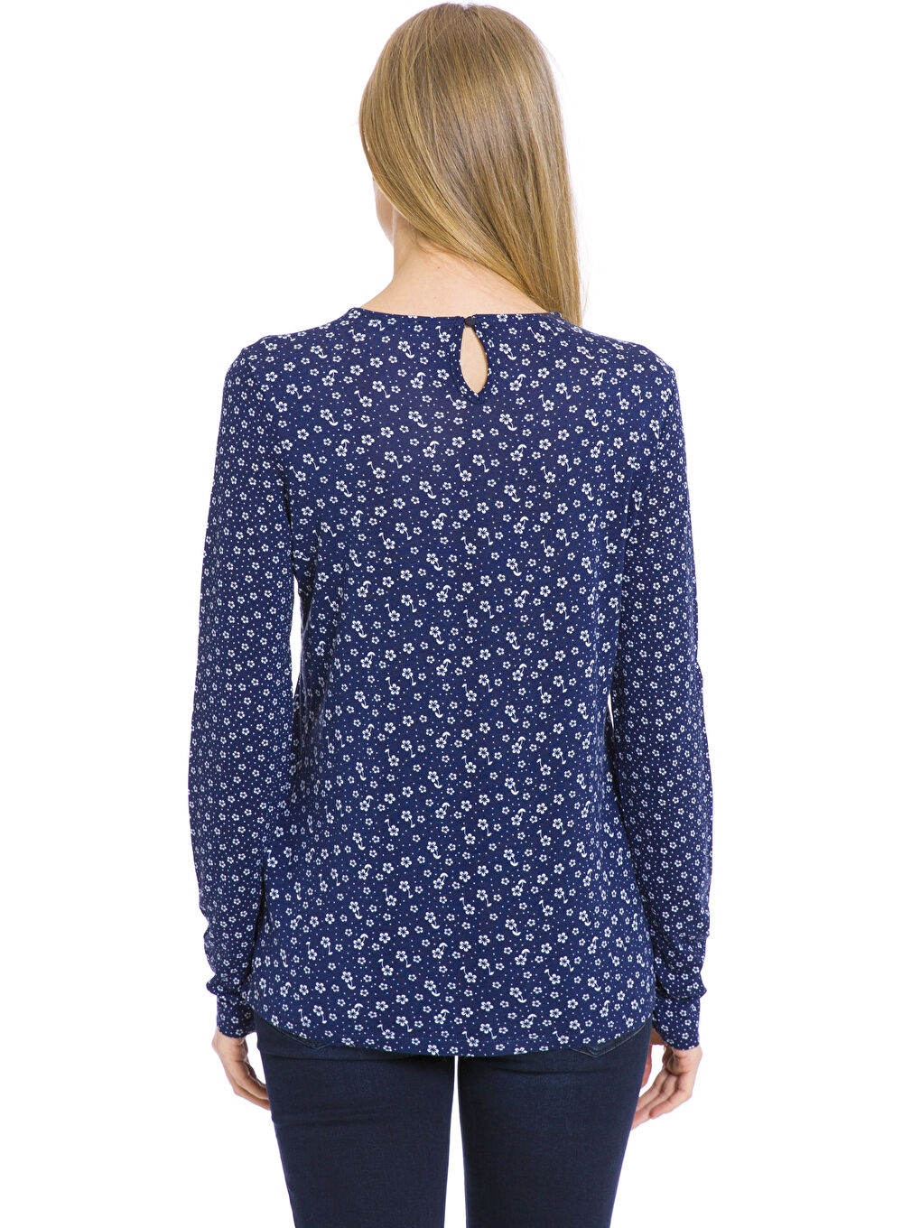 Lacivert Çiçek Desenli Viskon Bluz-1