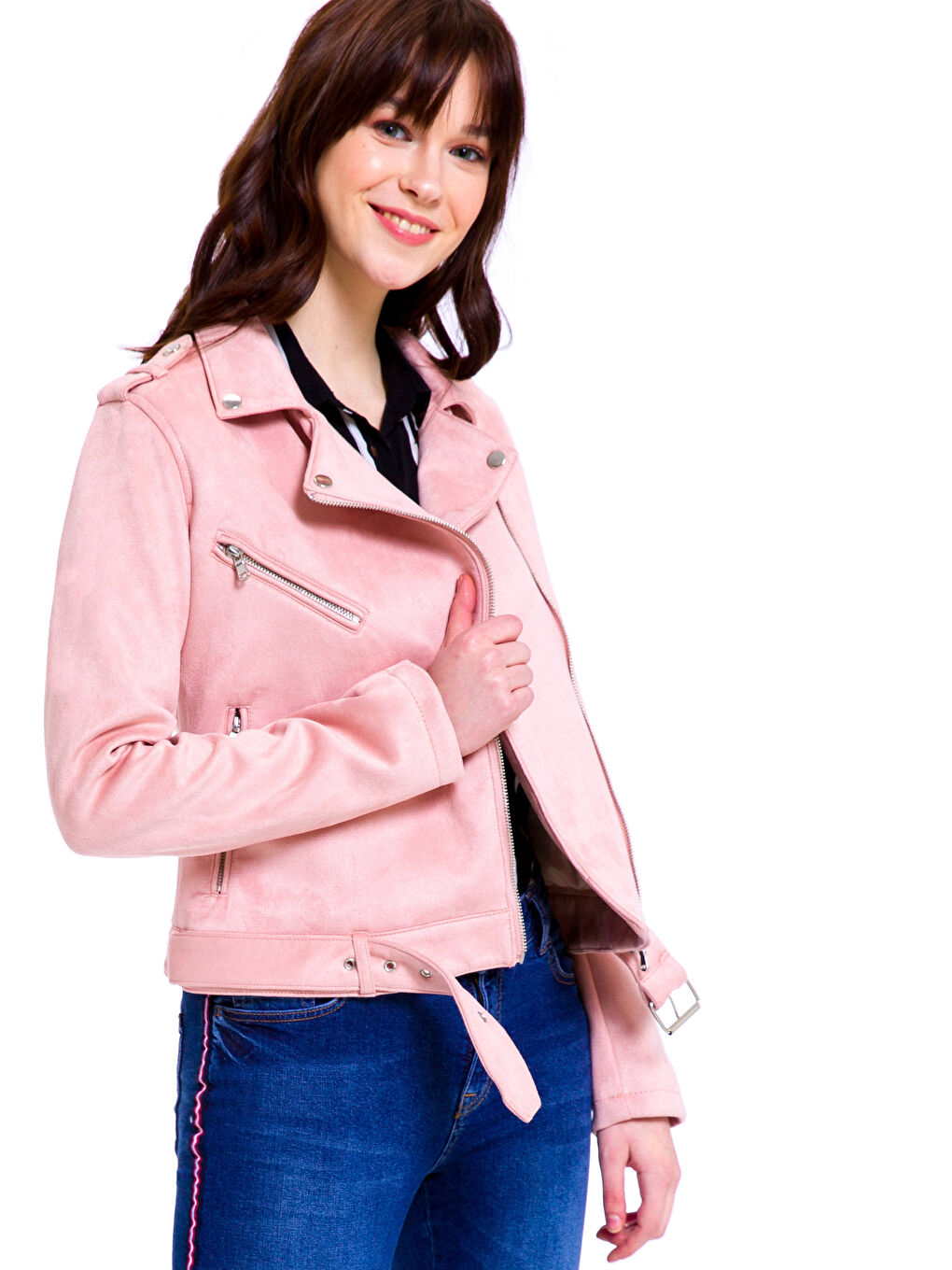 Toz Pembe Deri Görünümlü Mont